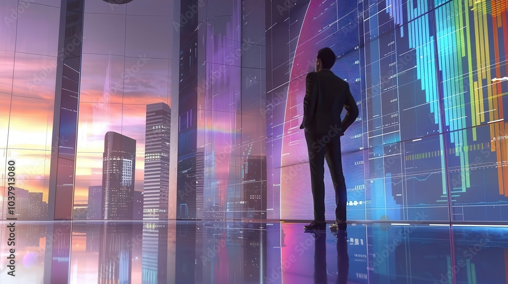 Poster a man stands in front of a large screen with a city in the background. the man is wearing a suit and