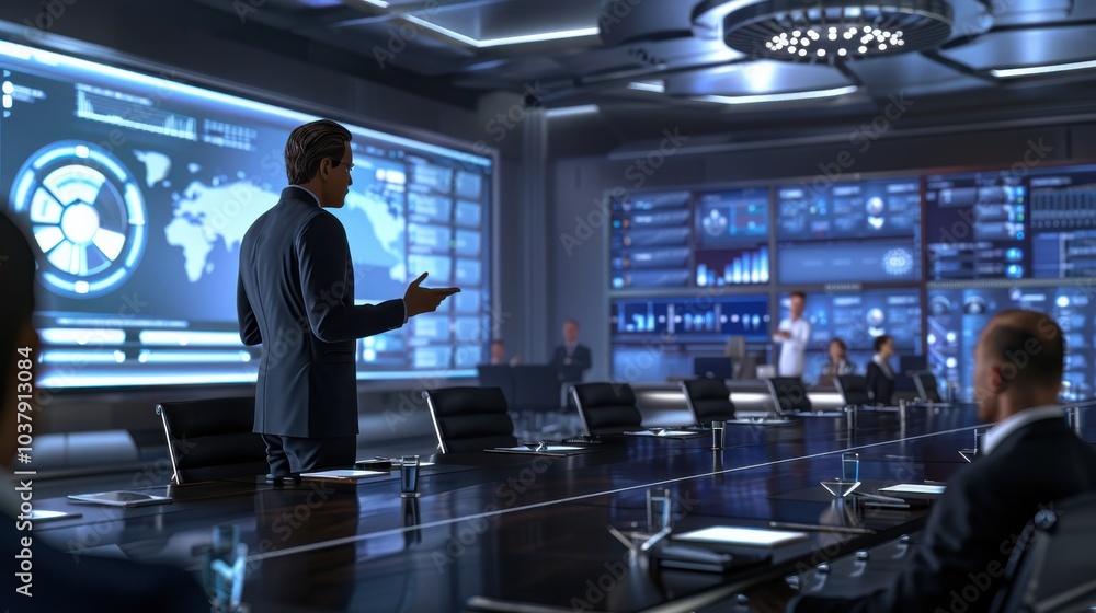 Aufkleber a man is giving a presentation in front of a large screen. the room is filled with people, some of w