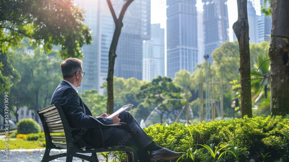 Aufkleber a man in a suit is sitting on a park bench and reading a clipboard. the scene is peaceful and serene