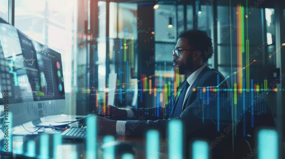 Poster A man in a suit is working on a computer with a monitor displaying a graph. Concept of focus and concentration as the man works on his computer