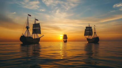 Fototapeta premium Christopher Columbus' ships Nina, Pinta, and Santa Maria sailing smoothly at sunrise across a tranquil ocean in a detailed watercolor style