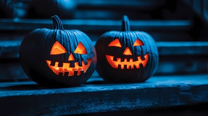 Two carved pumpkins glowing orange against a dark, moody background.