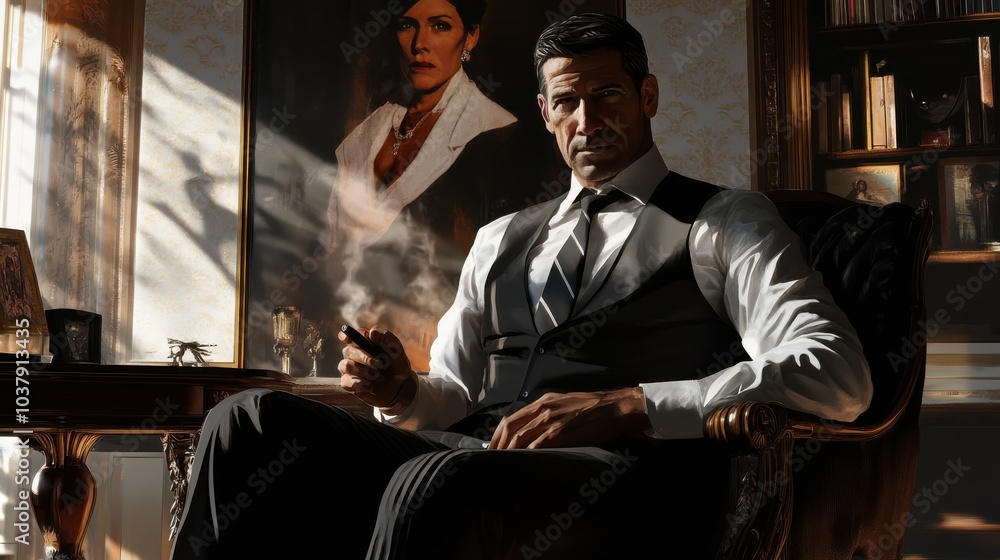 Poster a man in a suit and tie sits in a chair with a cigarette in his hand. he is surrounded by books and 