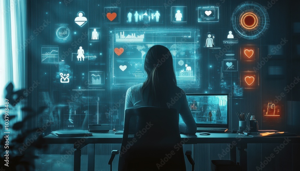 Poster a woman is sitting at a desk with a computer monitor in front of her. the monitor is filled with var
