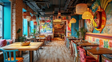 A restaurant with a colorful mural on the wall and a variety of chairs