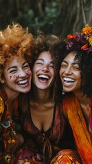 Obraz premium Three joyful women with curly hair laughing together in vibrant outfits.