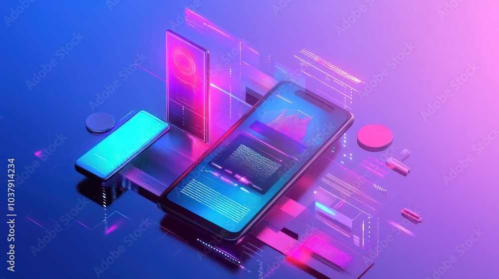 Poster futuristic tech layout with smartphones and data visualization in vibrant neon hues