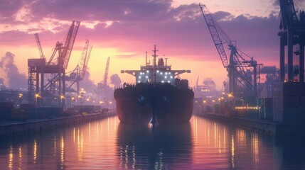 Fototapeta premium A massive oil tanker ship docked at a port, surrounded by cranes and port equipment