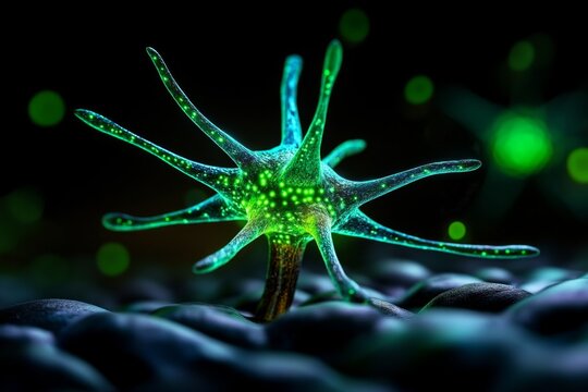 Astrocytes and neurons interacting in the brain, with astrocytes nurturing and supporting neural activity