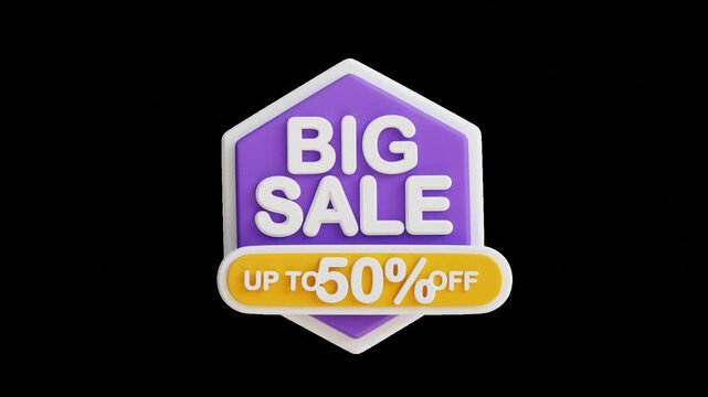 3D Video Animation Purple hexagonal Big Sale sign with white text and yellow banner advertising discounts of up to 50% off. Perfect for promotions.