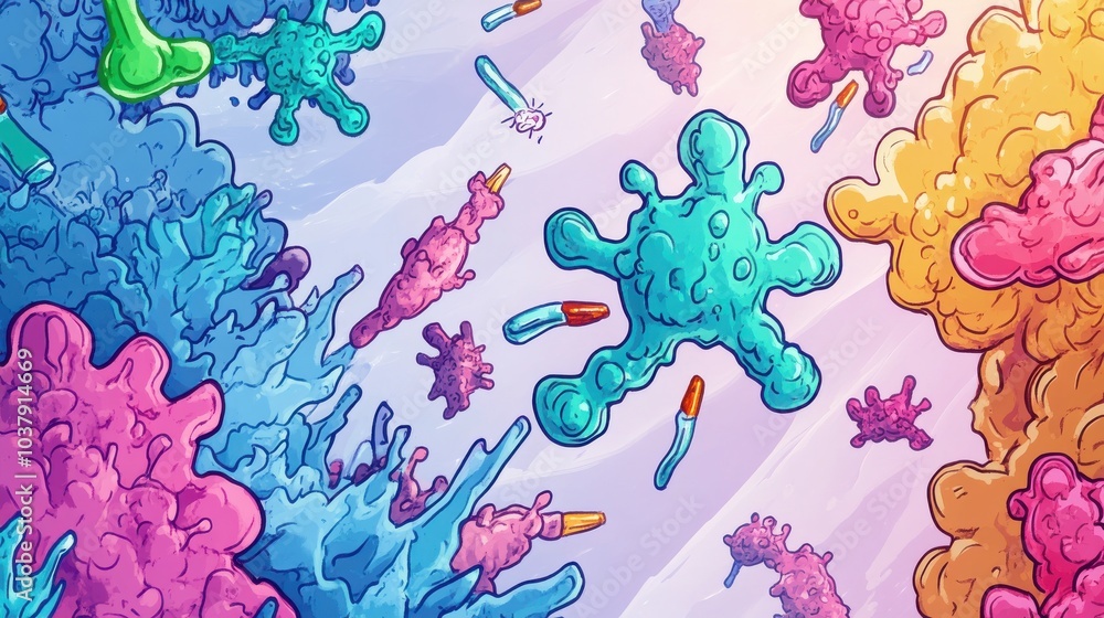 Poster a colorful drawing of a bunch of different colored bacteria and viruses