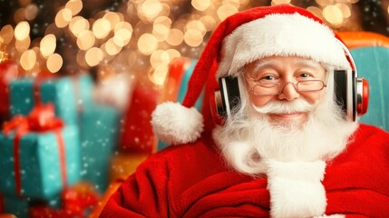 Smiling Santa Claus with headphones surrounded by festive gifts in a cozy setting.