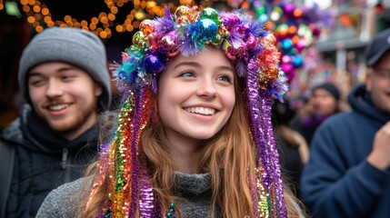 Happy Woman in Colorful Mardi Gras Headband at New Orleans Festival