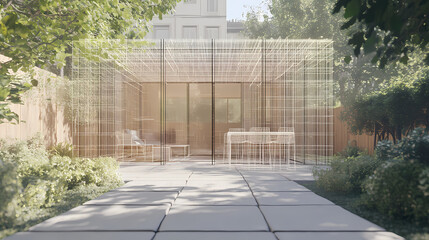 3D render of building wireframe structure. London garden in summer with patio. Abstract construction graphic idea.