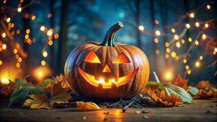 Fototapeta premium In a chilling night backdrop, a pumpkin-headed vampire looms, perfect for Halloween decorations and seasonal