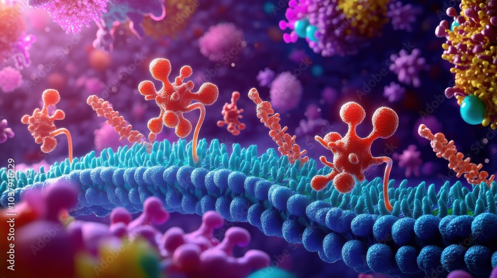 Poster a colorful image of a cell with a blue and pink stem