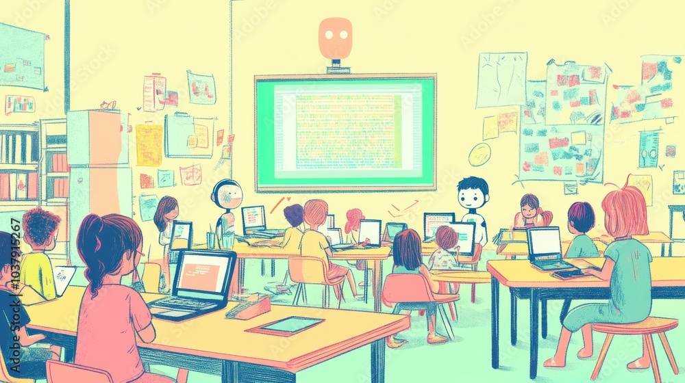Poster A classroom with a computer screen on the wall