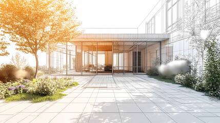 Obraz premium 3D render of building wireframe structure. London garden in summer with patio. Abstract construction graphic idea.