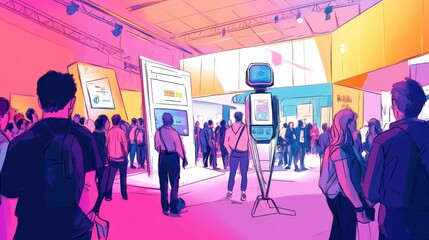 A group of people are walking around a convention center