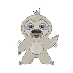 A cute sloth character on a white background waves a paw.
