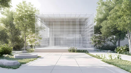 3D render of building wireframe structure. London garden in summer with patio. Abstract construction graphic idea.
