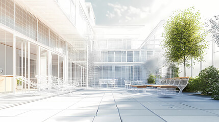 Obraz premium 3D render of building wireframe structure. London garden in summer with patio. Abstract construction graphic idea.