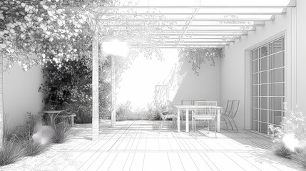 Fototapeta premium 3D render of building wireframe structure. London garden in summer with patio. Abstract construction graphic idea.