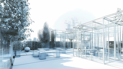 3D render of building wireframe structure. London garden in summer with patio. Abstract construction graphic idea.