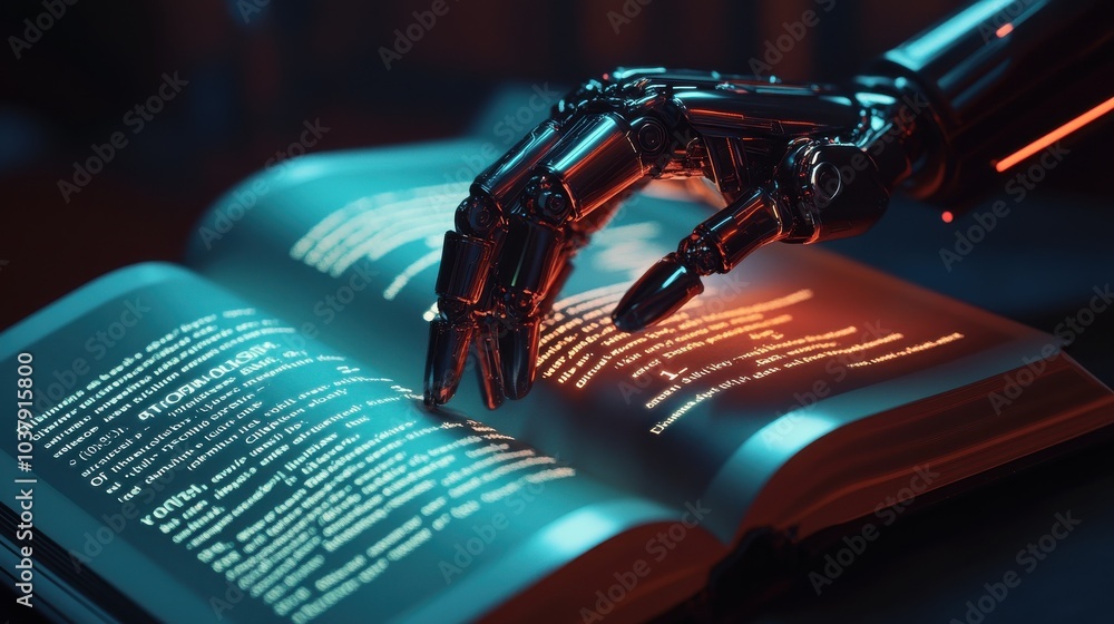 Poster a robotic hand is touching a book with the word 