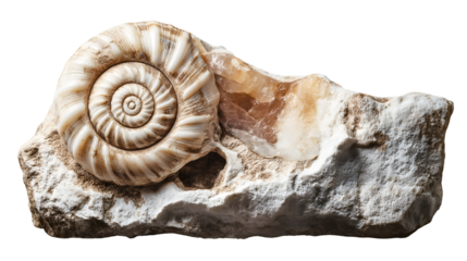 fossilized seashell embedded in a slab of rock on isolated background showing intricate spiral pattern and ancient geological formation

