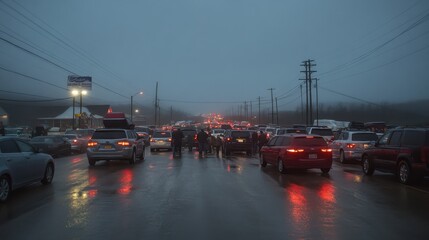 Obraz premium Residents evacuate a small American town as hurricane approaches, packing cars under overcast skies