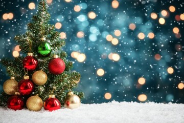 Obraz premium A majestic fir tree standing tall in a winter wonderland, covered in snow and adorned with red and green ornaments.