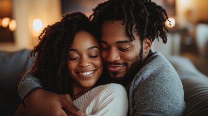 Fototapeta premium A couple cuddles on the couch while watching a romantic movie, surrounded by soft lighting that enhances their intimate atmosphere