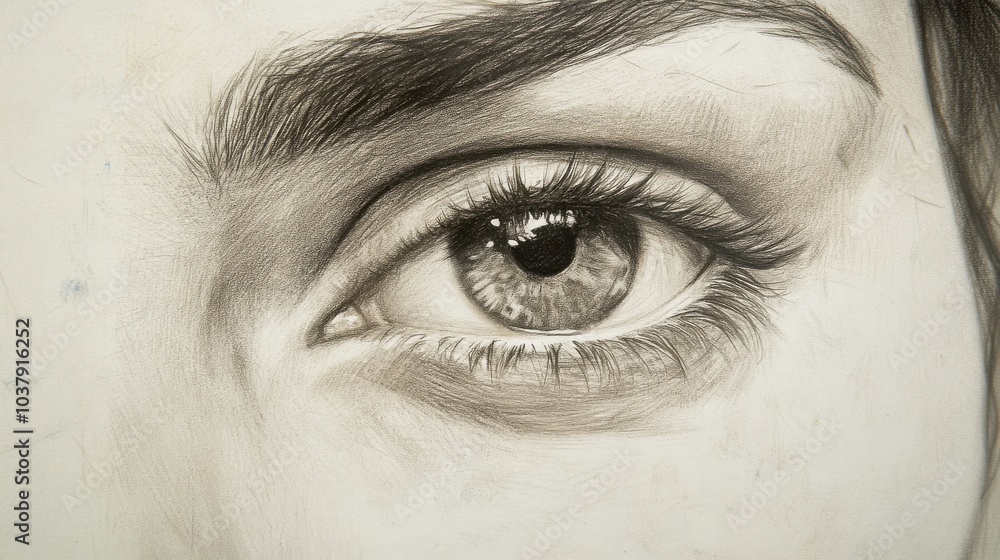 Poster exploring divine proportion through a detailed pencil sketch of an eye with soft studio lighting and