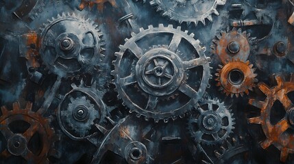 A lot of metal gears factory industry abstract. 