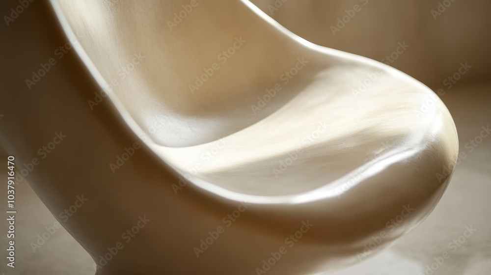 Poster A close-up view of a modern chair showcasing divine proportions and smooth curves in a minimalist design with soft light reflections