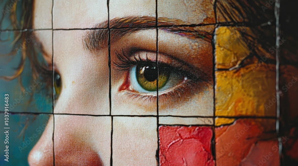 Poster A close-up of a vibrant classical painting overlaid with a divine proportion grid in an art studio setting