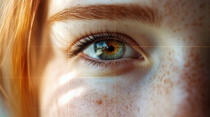 A close-up view of a young woman's face showcasing divine proportions and soft focus with natural lighting and golden ratio overlay
