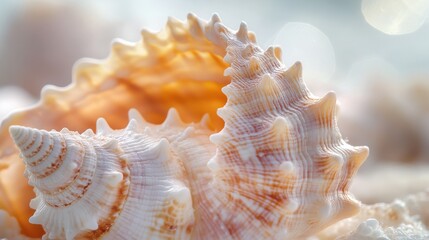 Obraz premium Close-up of a seashell highlighting divine proportion with smooth curves and pastel colors found on a tranquil beach during sunrise