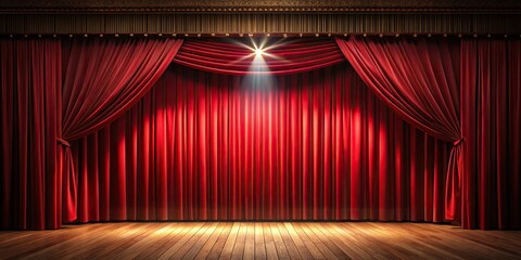 Reflected theater stage with red velvet curtain and spotlight