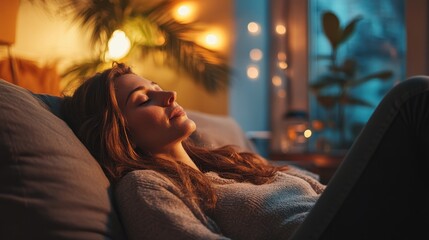 A client relaxes on a couch during a therapy session, sharing personal struggles in a cozy, warmly lit psychologist's office