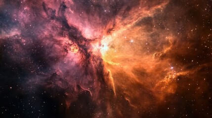 Fototapeta premium A vibrant nebula in shades of pink and orange showcasing a new star forming at its center in the vastness of space