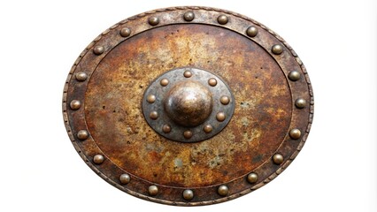 Naklejka premium Rusty medieval round shield with rivets isolated on white background in forced perspective