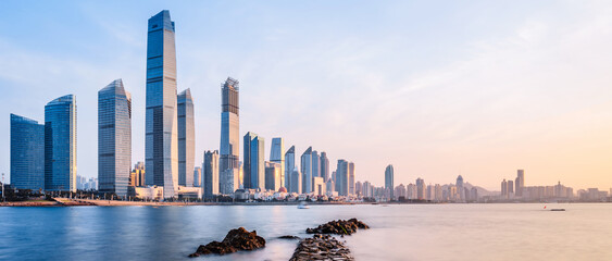 Morning Scenery of the Fushan Bay Coastal Architecture Complex in Qingdao, Shandong, China
