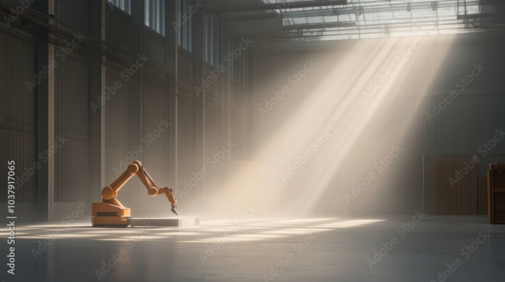 Aufkleber robotic arm in spacious, derelict factory illuminated by beams of light, creating serene yet industrial atmosphere. scene captures essence of automation and innovation