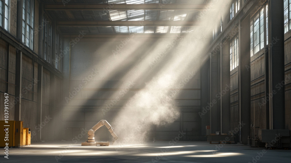 Aufkleber robotic arm in spacious, abandoned factory illuminated by beams of light, creating dramatic atmosphere. Dust particles float in air, enhancing industrial setting