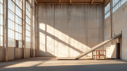Obraz premium spacious industrial interior with large windows casting shadows on concrete floor, featuring ramp and wooden table, creating serene atmosphere