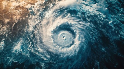 Aerial view of a massive hurricane spiraling over dark ocean waters with dense white clouds