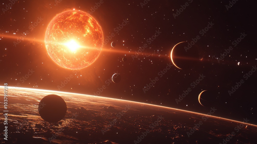 Poster a newly discovered solar system with six glowing planets orbiting a massive red giant star in deep s