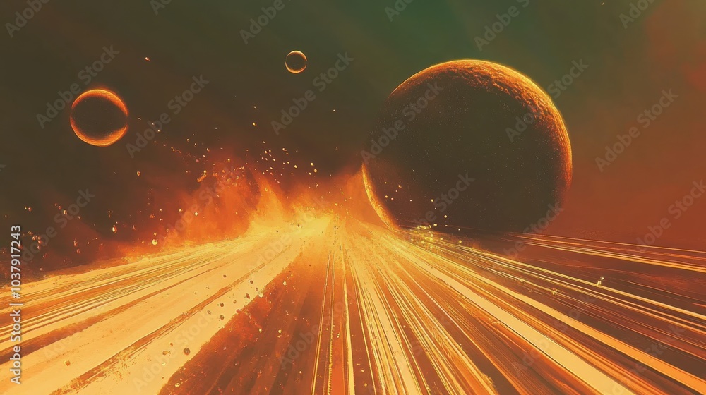 Poster a luminous planet with a glowing atmosphere illuminated by passing moons in a vibrant cosmic display